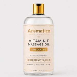 AROMATICO Vitamin E Massage Oil 30,000 IU Unscented - Carrier Oil for Massage with Pure & Natural Alpha-D-Tocopherol, Almond & Jojoba for Deep Nourishment & Stretch Marks | 300ml