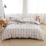 Face Two Face Bedding Duvet Cover Set 100% Washed Cotton Duvet Cover Linen Like Textured Breathable Durable Soft Comfy (King, Blue Grid)