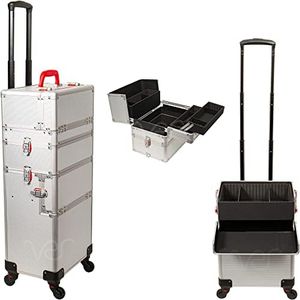 Ver Beauty Professional Rolling Makeup Case, Heavy Duty Hair Stylist & Makeup Artist Travel Case with Easy Slide and Extendable Trays, Silver Smooth, VT002-24