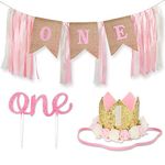 1st Birthday Girl Decorations WITH Crown - 1 Year Old Baby First Birthday Decorations Girl - Princess Theme Cake Smash Party Supplies - ONE High Chair Banner, Cake Topper, No.1 Flower Crown (Updated)