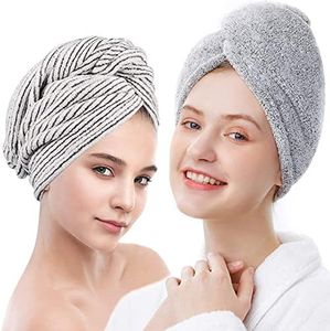 2 Pack Bamboo Hair Towel Wrap, MOIHSING Microfiber Hair Drying Shower Turban with Buttons,Super Absorbent Quick Dry Hair Towels for Curly Long Thick Hair,Rapid Dry Head Towel Wrap for Women Anti Frizz