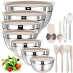 Mixing Bowls with Airtight Lids, 20 Piece Stainless Steel Metal Nesting Bowls, AIKKIL Non-Slip Silicone Bottom, Size 7, 3.5, 2.5, 2.0,1.5, 1,0.67QT Great for Mixing, Baking, Serving (Khaki) …