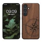 kwmobile Wood Case Compatible with Samsung Galaxy S24 Case - Cover - Navigational Compass Dark Brown