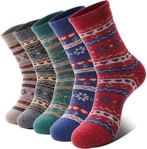 EBMORE Womens Merino Wool Socks Winter Thermal Warm Hiking Thick Cozy Crew Cabin Ladies Gift Socks Stocking Stuffers for Women 5 Pack(Nordic Snowflake)