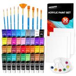 ARTKUNST 50 Pack Acrylic Paint Set, 36 Colours Acrylic Paint (12ml) with 10 Brushes 3 Canvas 1 Palette, Complete Set for Kids, Adults Painting on Canvas Rocks Wood Ceramic