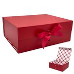 Tekhoho Red Large Gift Box 33.5x27x12.5 cm, Premium Present Box with Magnetic Lid and Ribbon for Holidays Wedding Birthday Gift Packaging, Plaid Lining