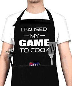 I Paused My Game to Cook - Funny Cooking Apron for Men, Women - Adjustable Bib Grill Aprons with 3 Pockets -Mothers Day, Fathers Day, Birthday, for Mom, Dad, Wife, Husband, Friends, Black, One Size