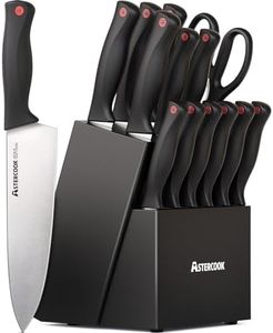 Astercook Knife Set with Built-in Sharpener Block, Dishwasher Safe Kitchen Knife Set with Block, 15 Pcs High Carbon Stainless Steel Block Knife Set with Self Sharpening and 6 Steak Knives, Black