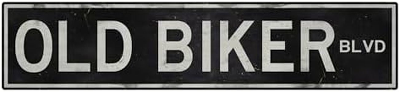 Old Biker Blvd Metal Sign 18x4 Inch - Embossed Retro Motorcycle Wall Decor and Man Cave Art - Weathered Rustic Vintage Sign for Home, Garage, or Bar - Cool Motorcycle Enthusiast Gift