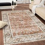 Area Rug Living Room Rugs-Deerly Distressed Floral Boho Oriental Non-Slip Low Pile Machine Washable Area Rug for Bedroom Dining Room Bathroom Office Laundry Room(Brick Red 5x7FT)