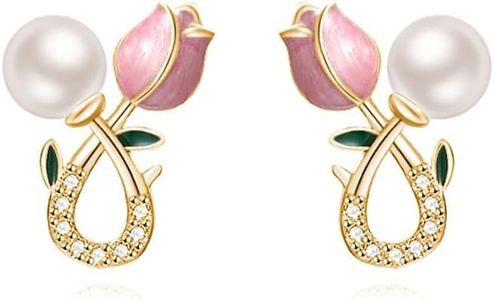El Regalo Cute Tiny Pink Tulip Flower Bud Stud Earrings for Girls & Women (Tulip Bud with Pearl)