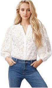 Women's Button Up Chiffon Tops Floral Lace Mesh Frenchy Jacquard Lantern Sleeve Blouse, White, Large