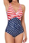 Smismivo Tummy Control Swimsuits for Women Slimming One Piece Bathing Suit Retro Ruched Push Up Vintage Padded Swimwear, American Flag C, X-Large