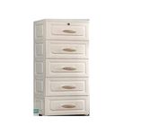 The Tickle Toe Chest of Drawers for Storage Plastic | Portable 5 Drawer Hallway Furniture for Kids Bedroom, Offices, & Living Room | 38L x 33.5W x 83H cm, Beige