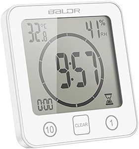 ALLOMN Reloj de Baño, LCD Reloj de Ducha Digital Alarma Impermeable Control Táctil Hum / ℉ Temperatura Humedad, Temporizador de Cuenta Regresiva, 3 Métodos de Montaje, Energía de la Batería (Blanco)