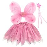 EQLEF Fairy Wings Costume Kids, Princess Fairy Costume Fairy Butterfly Wings Set for Girls Tutu Wings Wand, Wing approx 16.5*13.4 in, Pink