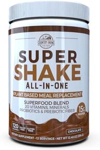 Country Farms All-in-One Super Shake Meal Replacement 15g Plant Protein Dietary Supplement with Superfoods, Vitamins, Probiotics and Prebiotics, 12 Servings, Chocolate, 12.48 Oz