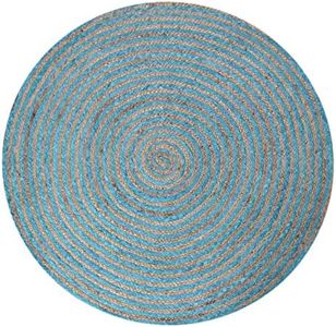 CASAVANI Circle - 7' Round Area Rug Blue Natural Chindi Cotton Jute Mat Geometric Kilim Rug Indoor Outdoor Use Flatweave Rugs for Bedroom Bedside Round Dining Table Mat Hall & Kitchen