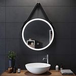 ELEGANT Modern Round Bathroom Mirrors Wall Mounted with Lights Black Frame Leather Strap Illuminated Bathroom Mirror LED with Sensor Touch Control, Dustproof & Anti-fog Cool White Light 600 x 600mm