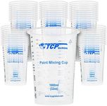 TCP Global 32 Ounce (1000ml) Disposable Flexible Clear Graduated Plastic Mixing Cups - Box of 50 Cups - Use for Paint, Resin, Epoxy, Art, Kitchen, Cooking, Baking - Measuring Ratios 2-1, 3-1, 4-1, ML