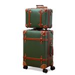 NZBZ Vintage Luggage Sets of 2, Vintage Suitcase Set for Women, Retro Luggage with Boarding Tote, Handmade Faux Leather Zipper Luggage TSA Approved, Green, 14inch & 20inch, Zipper Vintage Luggage