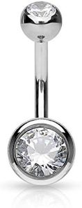 PiercedOff Titanium Navel Ring Belly Bar Internally Threaded with Double CZ 14G (1.6mm x 12mm)