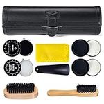 YUET Shoe Shine Cleaning Care Barrel Kit Set For Brown Black Neutral Leather With Polish Brush Travel Case Luxury Premium Soft Horsehair Bristle Dauber, Wooden Applicator, Shoehorn, Cloth 9 Pieces