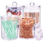 4 Pack Qtip Holder Dispenser with Labels for Cotton Ball, Cotton Swab, Cotton Pads, Floss Picks, 10 oz Clear Plastic Apothecary Jar Clear Acrylic Storage Containers for Bathroom Organizer Vanity Makeup (4 Pack Qtip Holder, 4 Clear Lids)