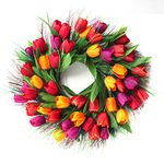 Door Wreath, Artificial Flowers Tulip Wreath - Four Seasons Front Door Decor with Tulip and Green Leaves, for Front Door Living Room Wall Garden Wedding Festival Decor(45cm, Red)