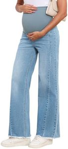 BLENCOT Maternity Jeans for Women Over Belly Straight Leg Adjustable Waisted Flare Denim Spring Summer Work Cotton Frayed Comfy Pregnancy Boyfriend Jean Tall with Pockets X-Large Iceland Blue