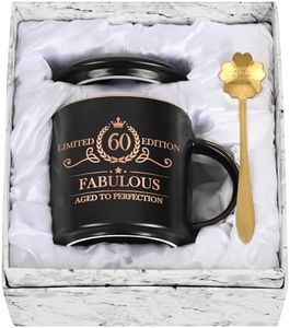 Joymaking Regalo de 60 cumpleaños para mujeres, taza de café de 12 oz con paquete de regalo, regalo de cumpleaños para madre, empleado, amigo, jefe, taza de café para cumpleaños, Navidad, negro