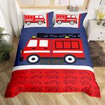 Loussiesd Cartoon Fire Truck Bedding Set Kawaii Firemen Car Duvet Cover Set for Kids Boys Fire Engine Red Comforter Cover Vehicle Public Flame Emergency Aid Bedding & Linen 2Pcs Single