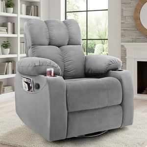 Little NAP Helios Soft Suede Fabric Single Seater Recliner | Manual Rocking & 360° Revolving | Padded 1-Seater Aaram Sofa with Cup Holder & Both Side Pocket | Home, Office & Bedroom | Grey