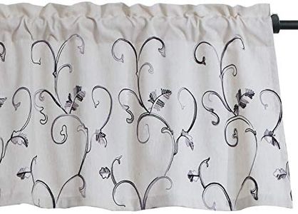 VOGOL Faux Linen Vines Embroidered Valance, Window Decorative Valances for Kitchen Bedroom, Rod Pocket, 52 x 18 Inch, Grey