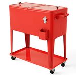 COSTWAY 80-Quart Rolling Ice Chest, Stainless Steel Beverage Cooler Cart with Shelf, Wheels, Bottle Opener & Drainage Hole, Bar Party Drink Ice Bucket Trolley, 72H Insulation(Red)