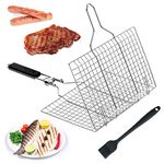 iTGOOS Fish Grilling Basket, Grill Basket Stainless Steel BBQ Grilling Basket Portable BBQ Grill Basket Fish Grill Basket with Removable Handle with Basting Brush for Fish Steak Vegetable Shrimp