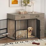 Large Dog Crate Furniture, 120cm Heavy Duty Wooden Dog Cage with Double Doors, 2 Drawers, Side Cabinet and 360°Rotating Bowls, Indoor Puppy Dog Kennel Side Table, Grey