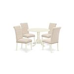5Pc Dining Set Includes a Small Round Dinette Table with Drop Leaves and Four Parson Chairs with Light Beige Fabric, White Finish