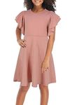 GORLYA Girl's Flutter Sleeve Stretchy A-Line Swing Flared Skater Party Dress with Pockets for 8 Years Kids (GOR1019, 7-8Y, Pink)