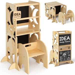 COSYLAND 4-in-1 Toddler Kitchen Stool Helper, Toddler Standing Tower with Safety Rail and Anti-Tip Feet, with Double Blackboard for Creative Activities (Natural)