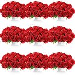 Jexine 120 Pcs Artificial Rose Flowers Bouquet Rose Silk Realistic Flowers Bulk Centerpieces DIY Bride Fake Rose for Home Bridal Wedding Party Decorations (Red, 10 Bundles)