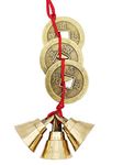 Plus Value Fengshui Vastu Lucky Brass Hanging 3 Bell Three Chinese Coins Main Entrance Door Hanging for Home Office Wealth Prosperity Spiritual Decor (4.5 x 2.5 x 7.5 cm, Multicolour)