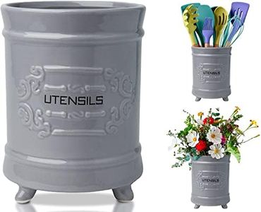 French Grey Ceramic Utensil Holder - Vintage Style Kitchen Utensil Caddy - Antique Design Cooking Utensil Organizer - Rustic French Country Utensil Crock for Cooking Enthuziast