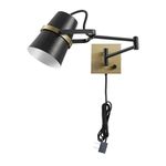 Globe Electric 51345 McKibbin 1-Light Hardwire Swing Arm Wall Sconce, Matte, Brass Accents, 6ft Black Woven Fabric Cord, Flat Plug, Rotary On/Off Switch, 6.4