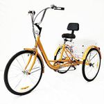 wanwanper 24 Inch Adult Trike Tricycle, 6 Speed Bicycle 3 Wheels Bicycle Senior Tricycle with Shopping Basket, for Cities, Beaches, Bike Paths and Various Roads (Yellow)