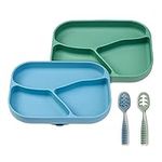 NumNum Silicone Toddler Suction Plates for Baby - 100% Food Grade Divided Plate w/Easy Release Tab, BPA Free & Dishwasher Safe - Non-Slip Dishes for High Top, Dining Table - Blue/Green + 2 Gootensils