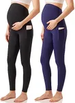 Enerful Maternity Leggings Over The Belly Activewear Pregnancy Stretch Workout Yoga Pants Tights with Pockets 2PCS Black Navy Large