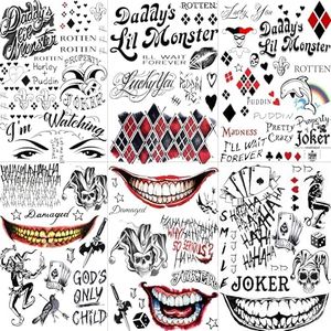 GOROMON 6 Sheets 3D Joker Tattoos Stickers, Halloween Damaged Joker Temporary Tattoos For Women Men Adults Hand Face, Halloween Makeup Kit Costume Party Rave Accessories Clown Prison Rapper Prisoner F