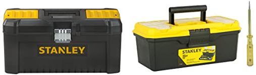 STANLEY 16'' Essential Tool Box with Metal Latch (Black and Yellow) & 13'' Organised Maestro Plastic Tool Box with Clear top lid Yellow & 178mm/7.5'' Spark Detecting 2-in-1 Screwdriver 5mm