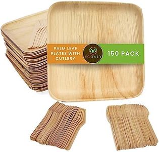 Eco Only party pack of 150 Eco-friendly Disposable Dinnerware | Palm Leaf Plates Set of 50 Disposable 8" Square Palm Leaf Plates, 50 Wood Forks, 50 Wood Knives Heavy Duty Biodegradable Party Utensils